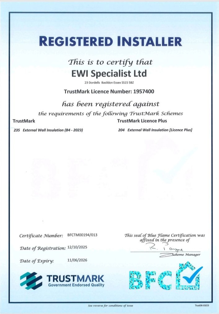 TrustMark Registered Installer Certificate for External Wall Insulation held by EWI Specialist Ltd