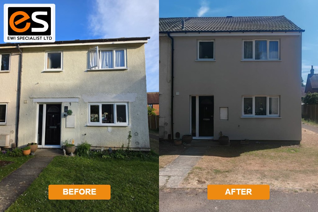 External Wall Insulation In Hemel Hempstead — Real Cost Case Study | Ewi Specialists Ltd Front elevation before and after EWI with Nanodrex render, Hemel Hempstead