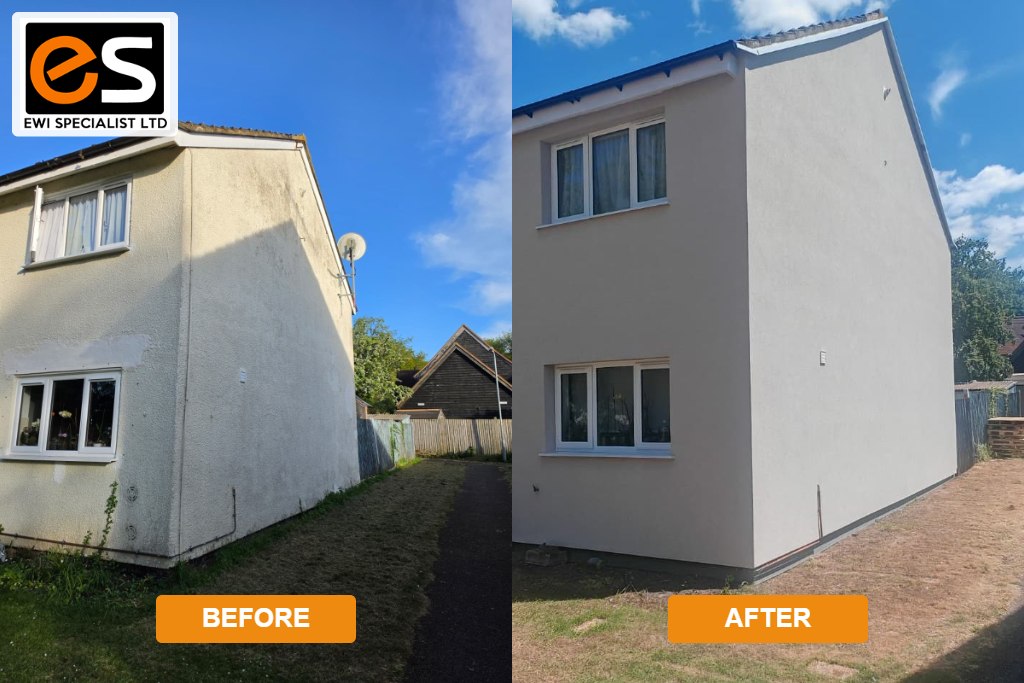 External Wall Insulation In Hemel Hempstead — Real Cost Case Study | Ewi Specialists Ltd Before and after external wall insulation on a semi-detached gable wall in Hemel Hempstead