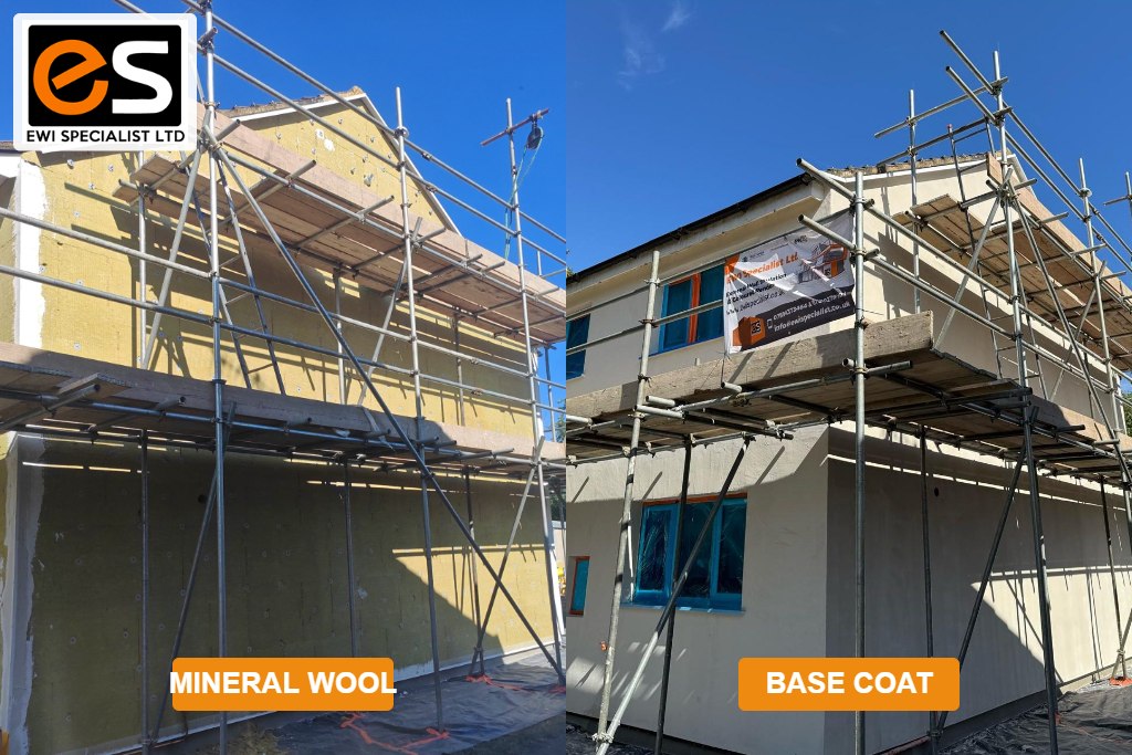 External Wall Insulation In Hemel Hempstead — Real Cost Case Study | Ewi Specialists Ltd Mineral wool insulation and base coat with mesh during EWI installation in Hemel Hempstead